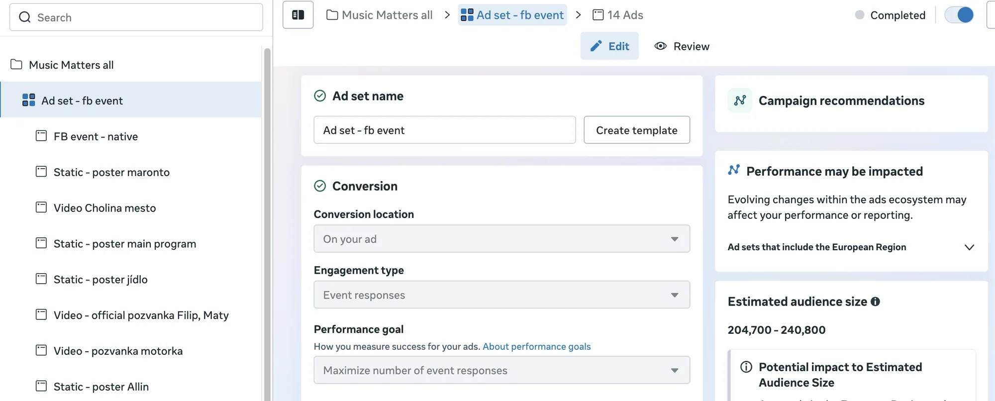 Ads Manager: ad set optimised for event responses, 14 ads in a single set